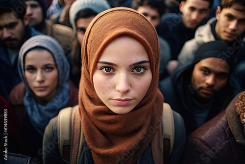 pretty, beautiful, very attractive middle eastern young woman looking at the camera posing at an Arab city market.