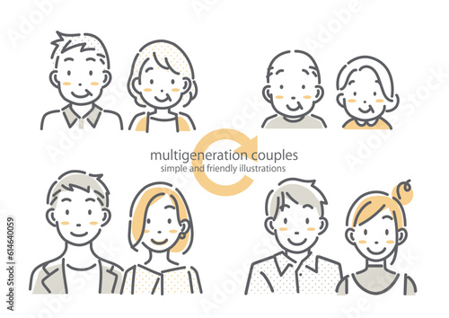 いろいろな世代の夫婦のイラストセット　シンプルでお洒落な線画イラスト