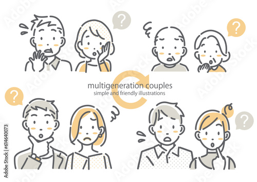 いろいろな世代の夫婦のイラストセット　シンプルでお洒落な線画イラスト