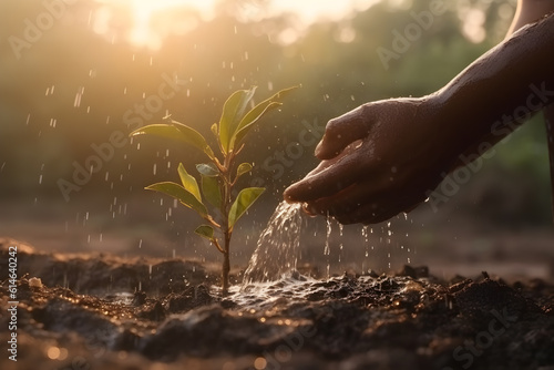 close up of two hands holding water and watering sapling to grow at morning sunrise ,generative ai