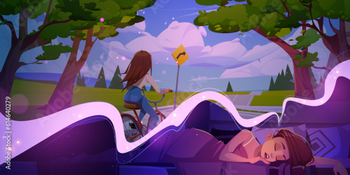Woman sleep in bed at night time and dream about riding bicycle cartoon illustration. Young female character asleep in bedroom on pillow and think about summer active recreation and cyclist vacation