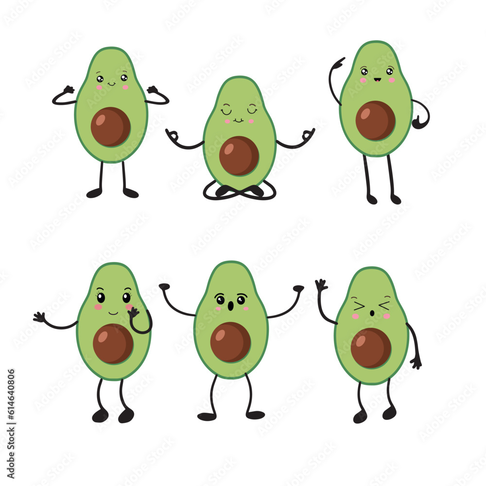 Obraz premium A set of avocados in the style of kawaii. Avocado fruits in a flat design. Vector