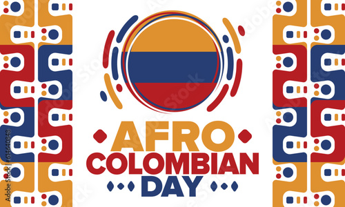 Afro-Colombian Day in Colombia. Celebrate annual in May 21. Freedom day poster. National holiday. Colombian flag. Afro-Colombian culture, history and heritage. Tradition pattern. Vector illustration