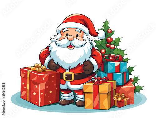 Illustration of jolly adorable Santa holding gift boxes on white background. Merry christmas concept. 