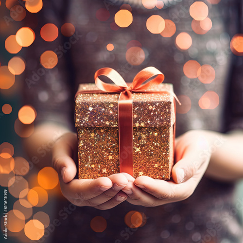 Hands of child holding christmas gift box, christmas background with bokeh. 