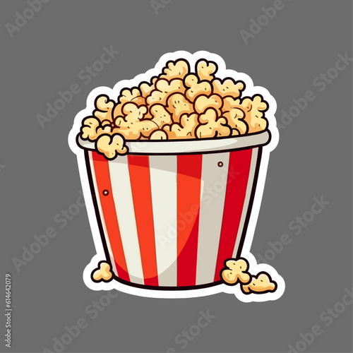 Popcorn in a red striped bucket illustration flat design. Pop corn box isolated on white background. Cartoon cinema cartoon flat trendy style