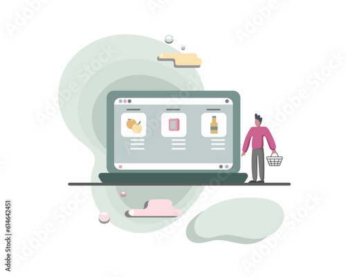 Faceless cartoon handsome guy in front of giant screen. People buying food and clothes online color 2d vector graphic illustration on white background