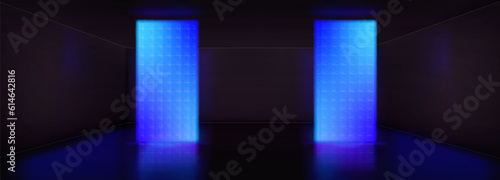 Neon room with led light stage vector background. Dark abstract studio with screen night scene. Empty television hall for dance party or concert. 3d blue showroom interior for casino game design