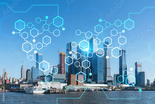 Tableau sur toile New York City skyline from New Jersey over the Hudson River towards the Hudson Yards at day
