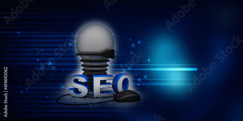 3d rendering mouse attached to word seo search engine optimization near cfl bulb connected cable