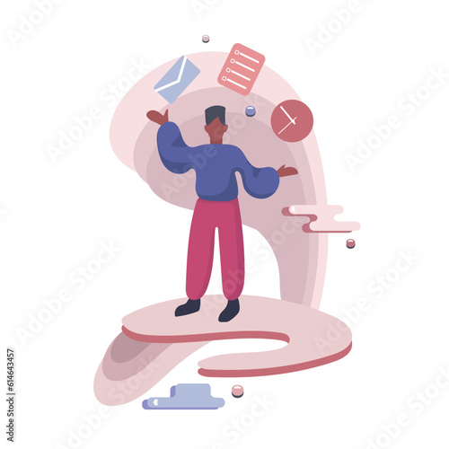 Cartoon faceless male character juggles tasks. Schedule balancing and deadline management 2d color. Vector flat style illustration on white background