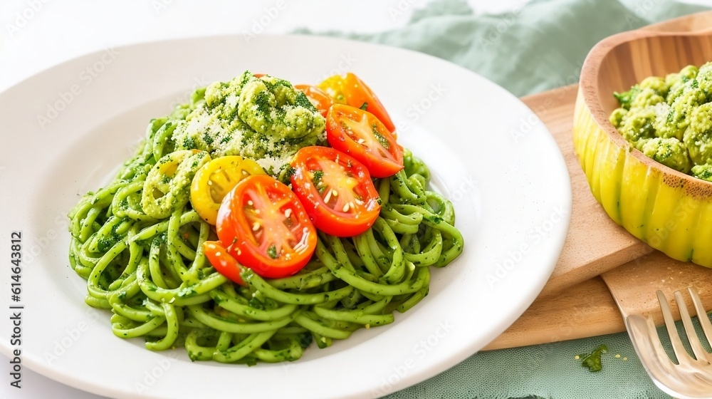 Green pasta with raw kale pesto and grilled tomatoes in plate with fork on kitchen table with ingredients. Vegan food. Healthy meal. Detox vegetables . Clean eating and dieting concept Green pasta with raw kale pesto and grilled tomatoes in plate with fork on kitchen table with ingredients. Vegan food. Healthy meal. Detox vegetables . Clean eating and dieting concept