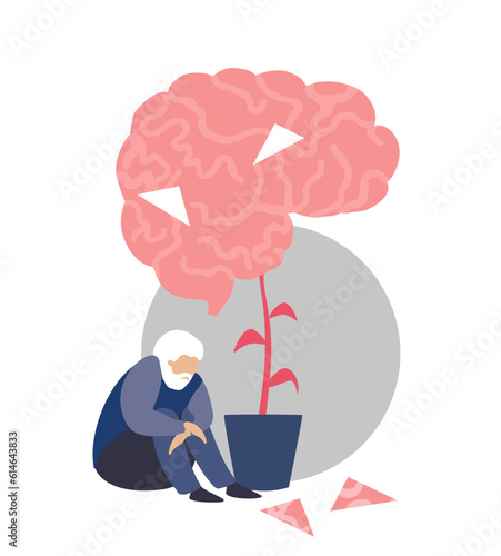 Dementia, alzheimer disease concept. Old man, senior person with weaking tree like brain with lost pieces. Cognitive impairment, memory loss illness, mind problem vector illustration