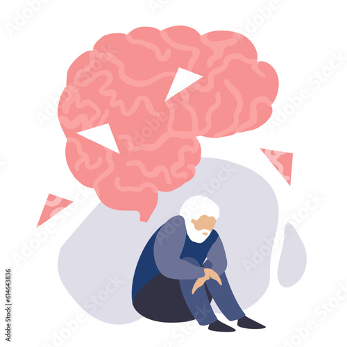 Dementia concept. Old person, senior man sitting under brain with lost pieces. Cognitive disorder drawing, memory loss medical vector illustration