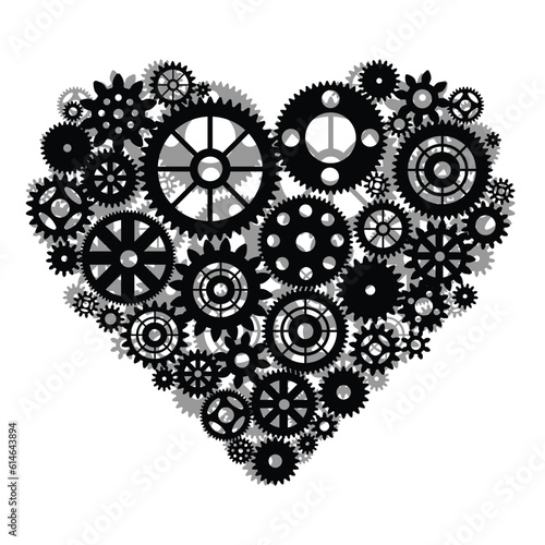 Heart as a mechanism made of cogs and gears. Vector Illustration. Steampunk heart shape. Vector black gears