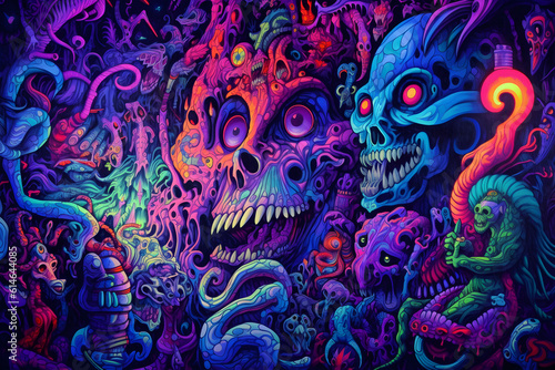 abstract skulls blacklight art background
