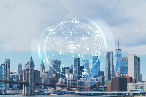 Brooklyn bridge with New York City Manhattan, financial downtown skyline panorama at day time over East River. Social media hologram. Concept of networking and establishing new people connections