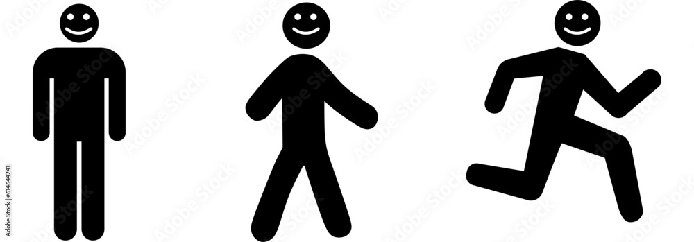 Man stands, walk and run icon set. People symbol. Person standing, walking and running illustration.