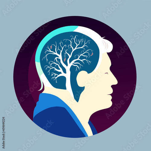 Concept for dementia brain desease. Head of old person with weaking tree inside. Cognitive disorder, memory problem vector illustration