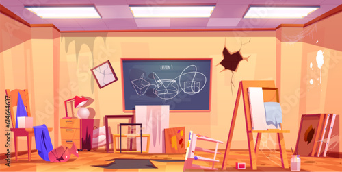 Abandoned messy art classroom studio with crack wall. Messy and dirty artist workshop room with tor canvas on easel, broken floor and paint splash. Painting equipment for student to draw illustration