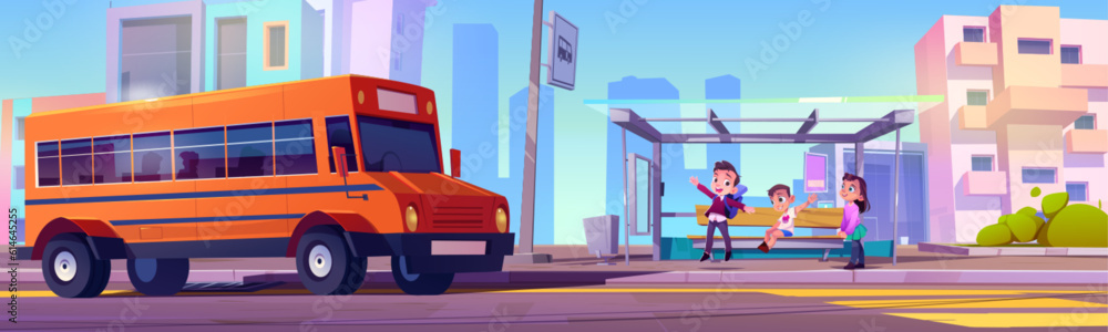 School bus stop for kid student on road cartoon illustration. Boy and girl friends waiting for safety retro transportation to kindergarten. Academy children lifestyle with driving on cityscape
