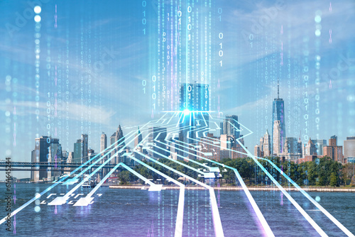 Brooklyn and Manhattan bridges, New York City financial downtown skyline panorama at day time over East River. Artificial Intelligence concept, hologram. AI, machine learning, neural network, robotics