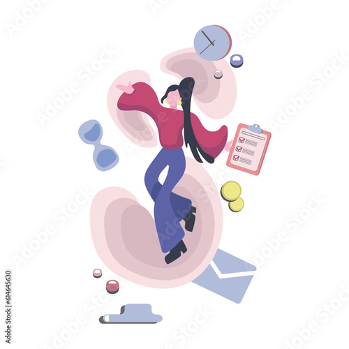 Faceless cartoon abstract girl holding list of completed tasks. High productivity and time management skills, goal fulfillment 2d vector concept. Flat style illustration