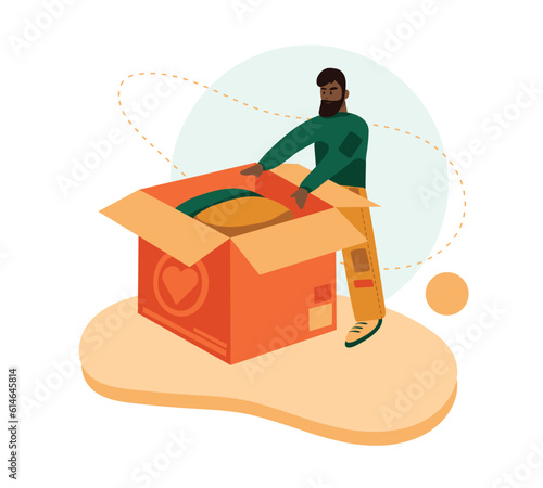 Male working in volunteering organization. Cartoon character helping other people and environment. American man opening box with humanitarian support. Donation and charity. Vector