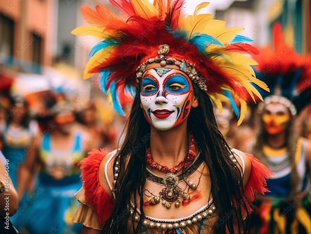 close up shot, a beautiful woman wearing a carnival costume and smiling close up shot, a beautiful woman wearing a carnival costume and smiling