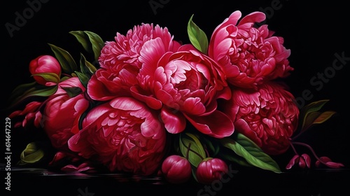 Beautiful red peonies bouquet on black background. Dark floral background. Generative AI. Illustration for banner, poster, cover, brochure or presentation. © Login