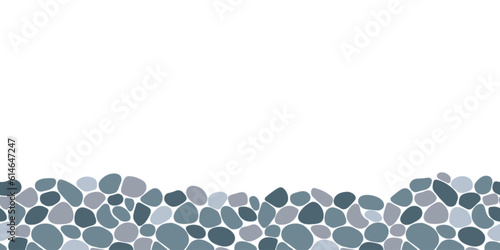 Pebble seamless backdrop vector illustration. Cobble stones border frame. Doodle sea stones repeated background. Paving, shingle beaches template pattern for interior designs, wrapping paper print.