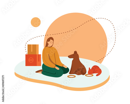 Young lady sitting on floor, looking at dog and cat. Process of helping pets, giving food. Care of homeless animals. Social active youth. Vector flat illustration in green and orange colors