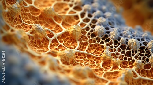 The porous structure. Organic material. Structure of the mushroom mycelium. Macrostructural design. Generative AI. Illustration for brochure, poster, presentation, flyer or banner.