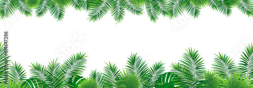 Amazon tropical leaves seamless pattern. vector illustration. Rainforest foliage template border frame. Jungle plants repeated banner. Green backdrop with tropic palm leaf monstera. Summer background