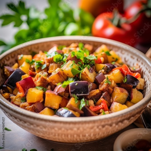 Caponata garnished with fresh parsley and served in a white ceramic bowl