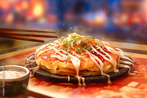 Japanese food Okonomiyaki. Tasty, fresh, juicy. Cinematic magical light, beautiful bokeh. Traditional japanese background. Realistic food illustration made with Generative AI photo