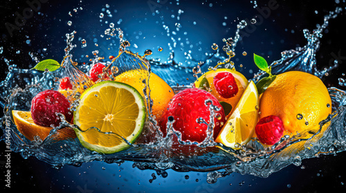 Stop Motion Vibrant and Refreshing: A Captivating Image of Colorful Fresh Fruits Splashing in Crystal Clear Water, Evoking a Sense of Joy and Hydration
