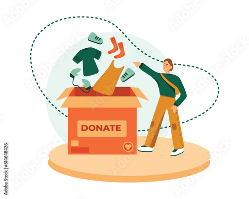 Young active woman put in cox different clothes and shoes. Active youth doing charity. Colored cartoon characters volunteering. Donations from community support for people. Vector flat illustration