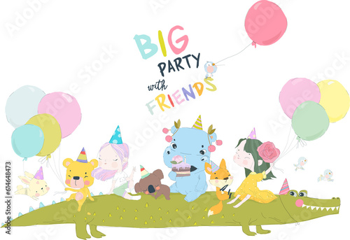 Birthday Anniversary Party with Cute Animals and Kids. Vector Illustration