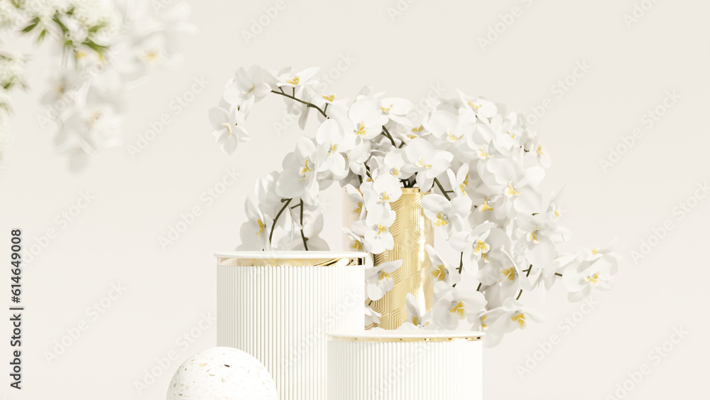 3D rendering orchid flower background white color with geometric shape podium for product display, minimal concept, Premium illustration pastel floral elements, beauty, cosmetic.
