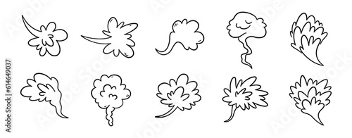 Comic fart cloud. Bad stink balloon. Explosion, angry breath. Cloud of smoke gas in comic style. Funny flatulence symbol. Set of vector illustration isolated on white background.