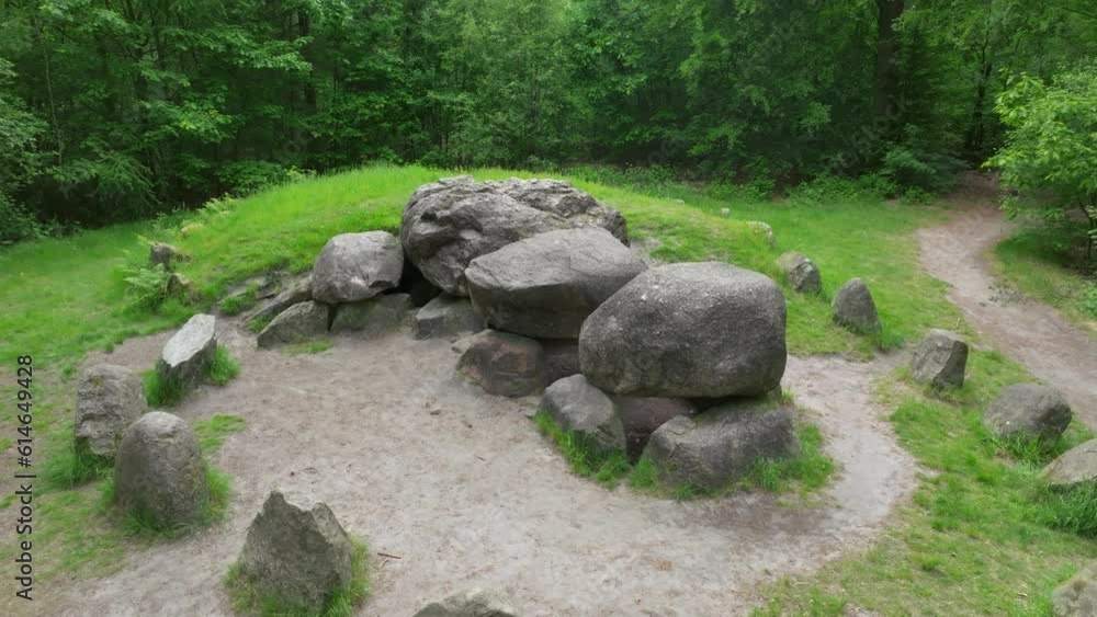 Hunebed D49, Dutch Historic Burial Chamber, Ascending Aerial to Top Down Hunebed D49, Dutch Historic Burial Chamber, Ascending Aerial to Top Down