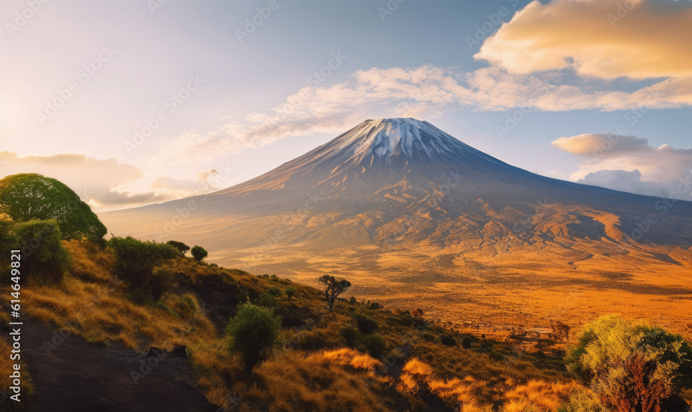 Mount Kilimanjaro landscape with cloudy sky and savannah in the foreground