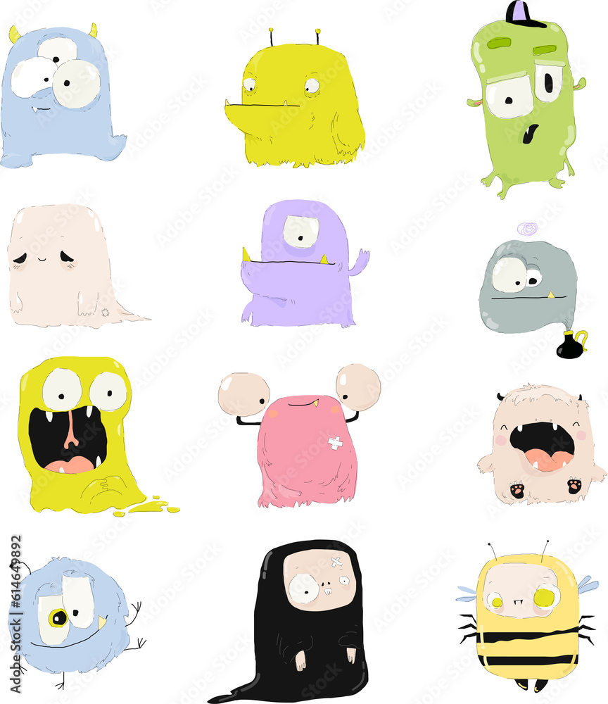 Obraz premium Funny and Cute Colourful Monsters for Halloween on White Background. Vector Illustration