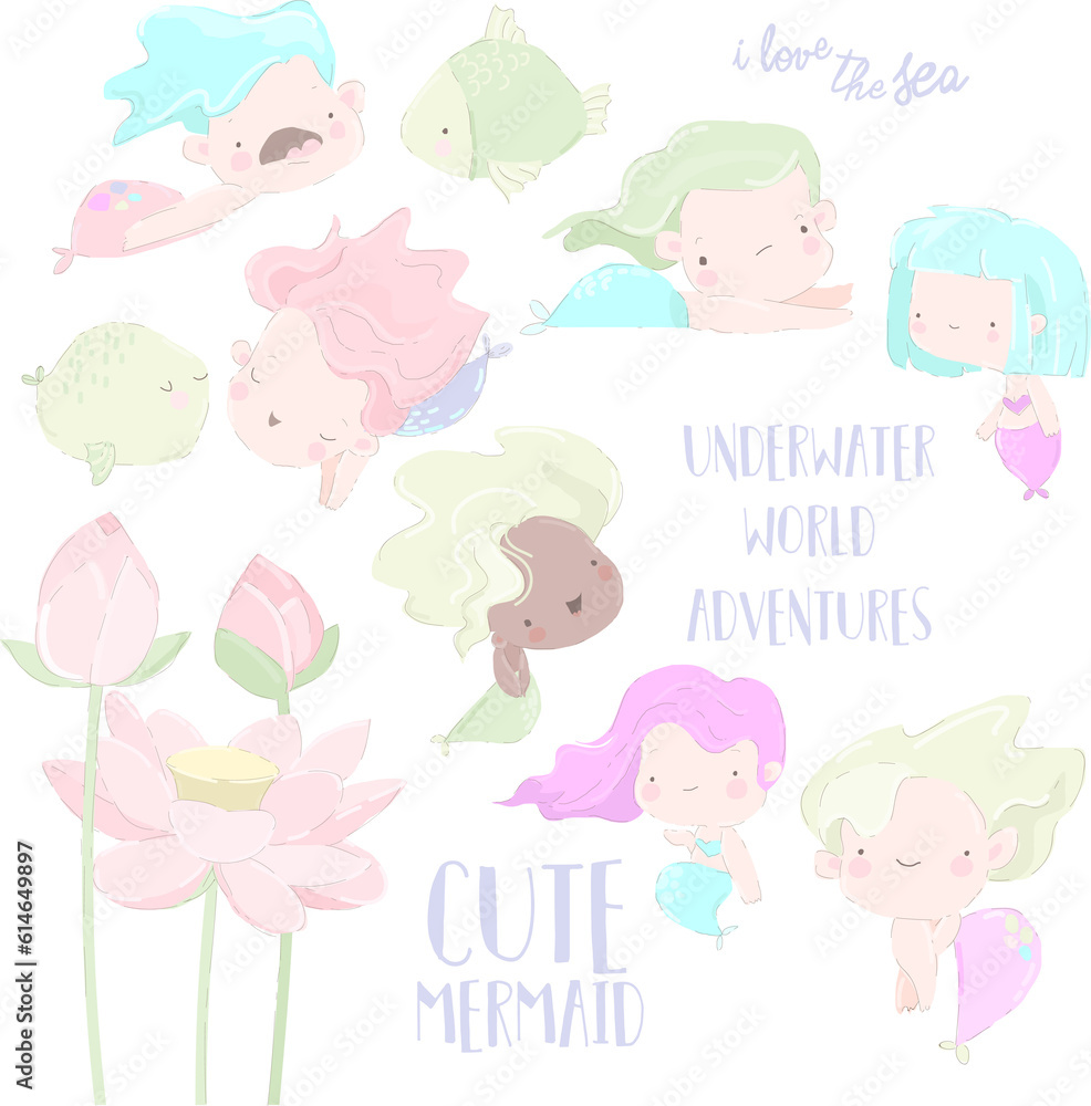 Vector Cartoon Set with Cute Mermaids on White Background Vector Cartoon Set with Cute Mermaids on White Background