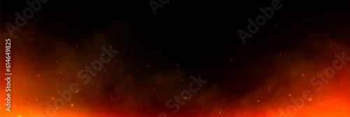 Background with fire sparks, embers and smoke. Overlay effect of burn coal, grill, hell or bonfire with flame glow, flying orange sparkles and fog on black background, vector realistic illustration