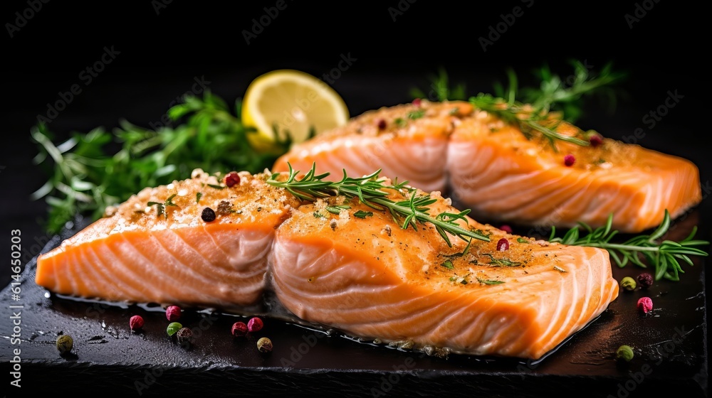 Fresh salmon fillets on black cutting board with herbs and spices Generative AI Fresh salmon fillets on black cutting board with herbs and spices Generative AI