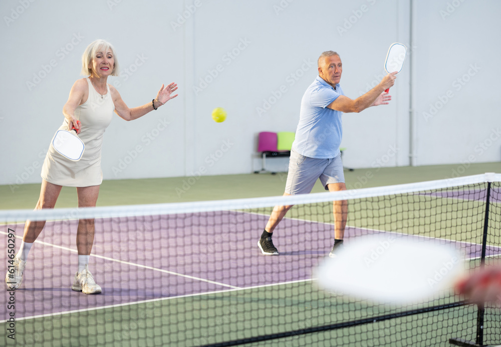 Obraz premium Athletic seniors playing pickleball on the court indoors