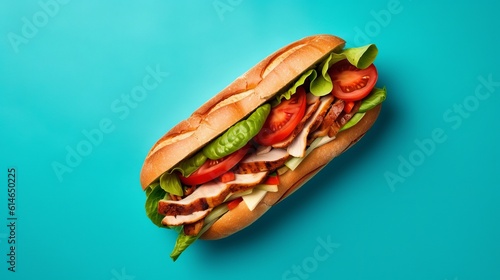 From above appetizing sandwich with grilled chicken, fresh lettuce and tomatoes on colorful table background Generative AI photo