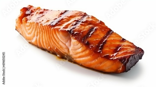 Grilled salmon fish steak isolated on white background. Roasted salmon piece - healthy food ingredient Generative AI